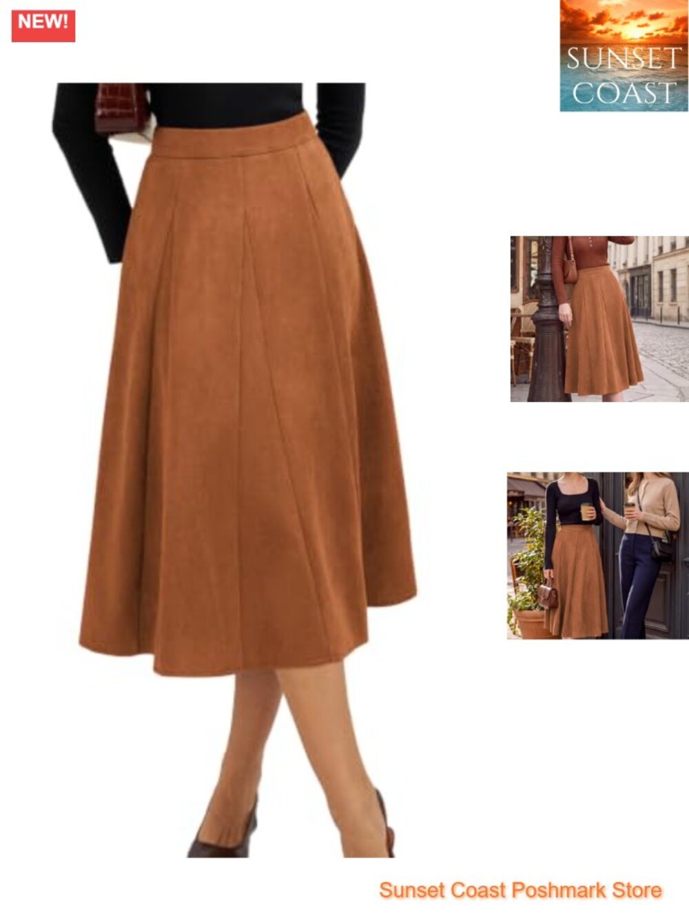 Faux Suede High Waisted A Line Midi Skirt Versatile Office to Dinner